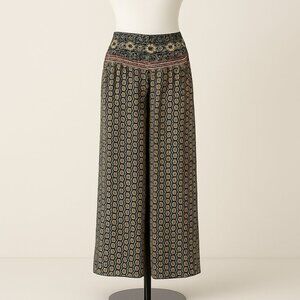 Anthropologie Aria Wide Leg Palazzo Pants Green Medallion Floral Size Small